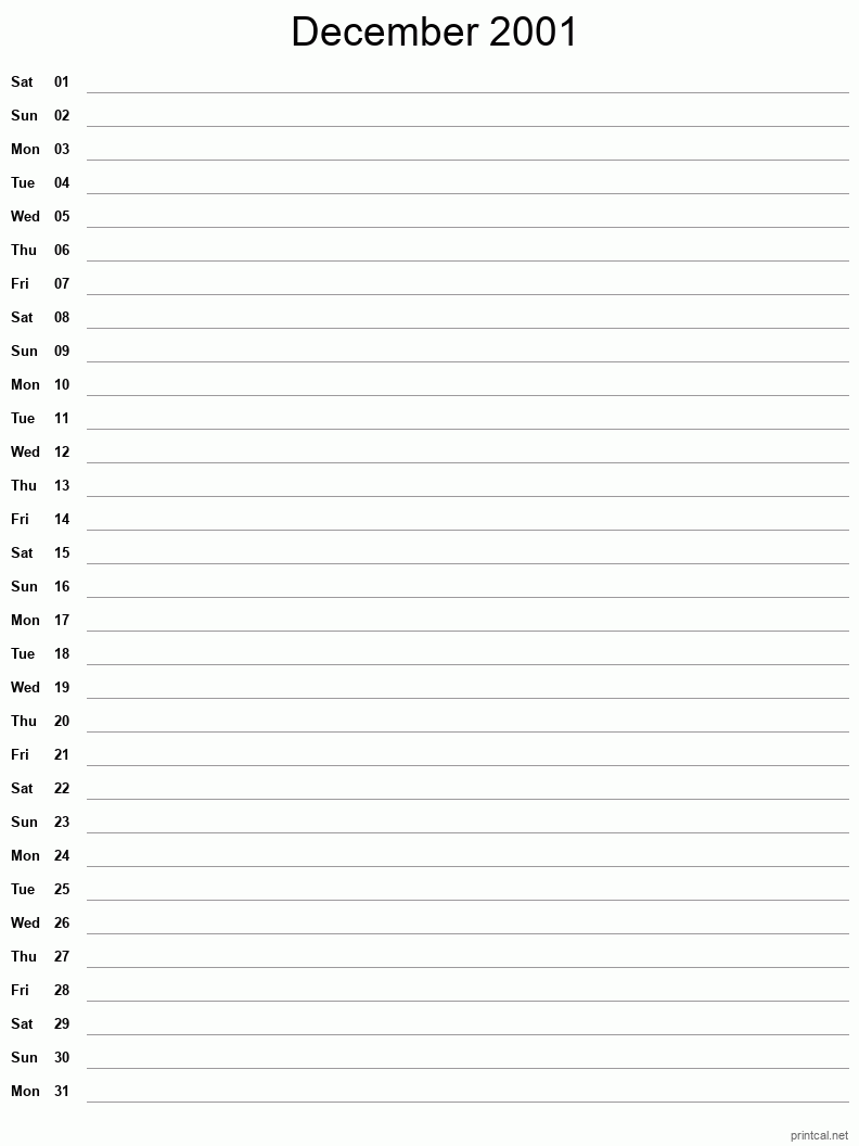 December 2001 Printable Calendar - Single Column Notesheet