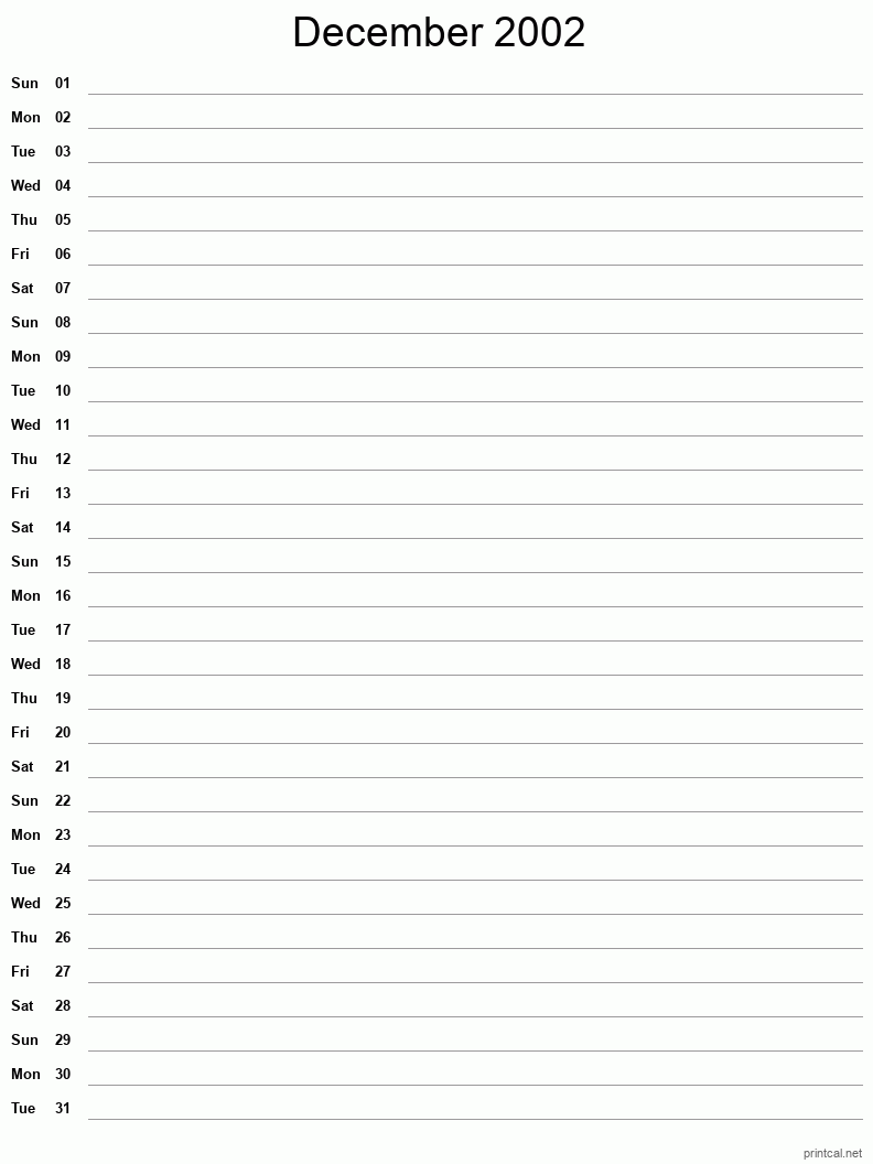 December 2002 Printable Calendar - Single Column Notesheet