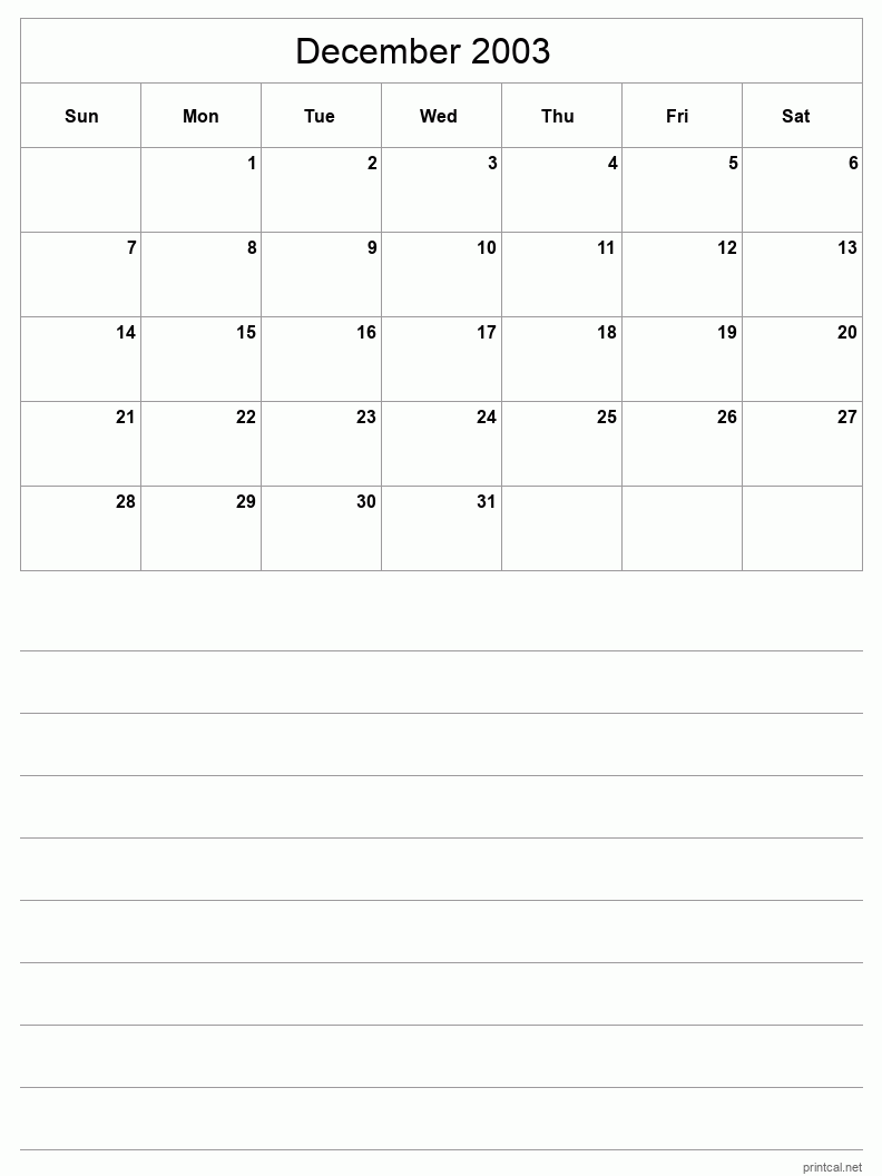 December 2003 Printable Calendar - Half-Page With Notesheet