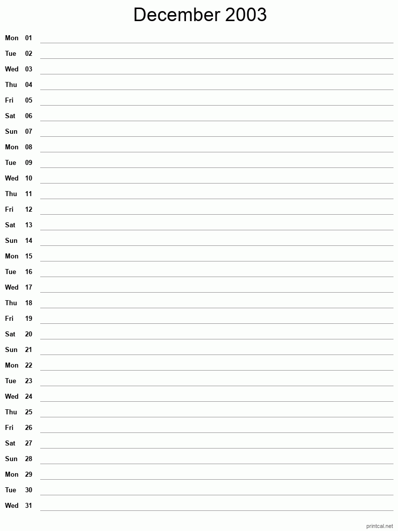 December 2003 Printable Calendar - Single Column Notesheet