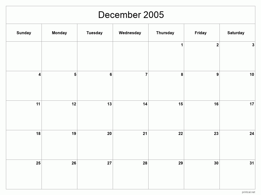 December 2005 Printable Calendar - Classic Blank Sheet