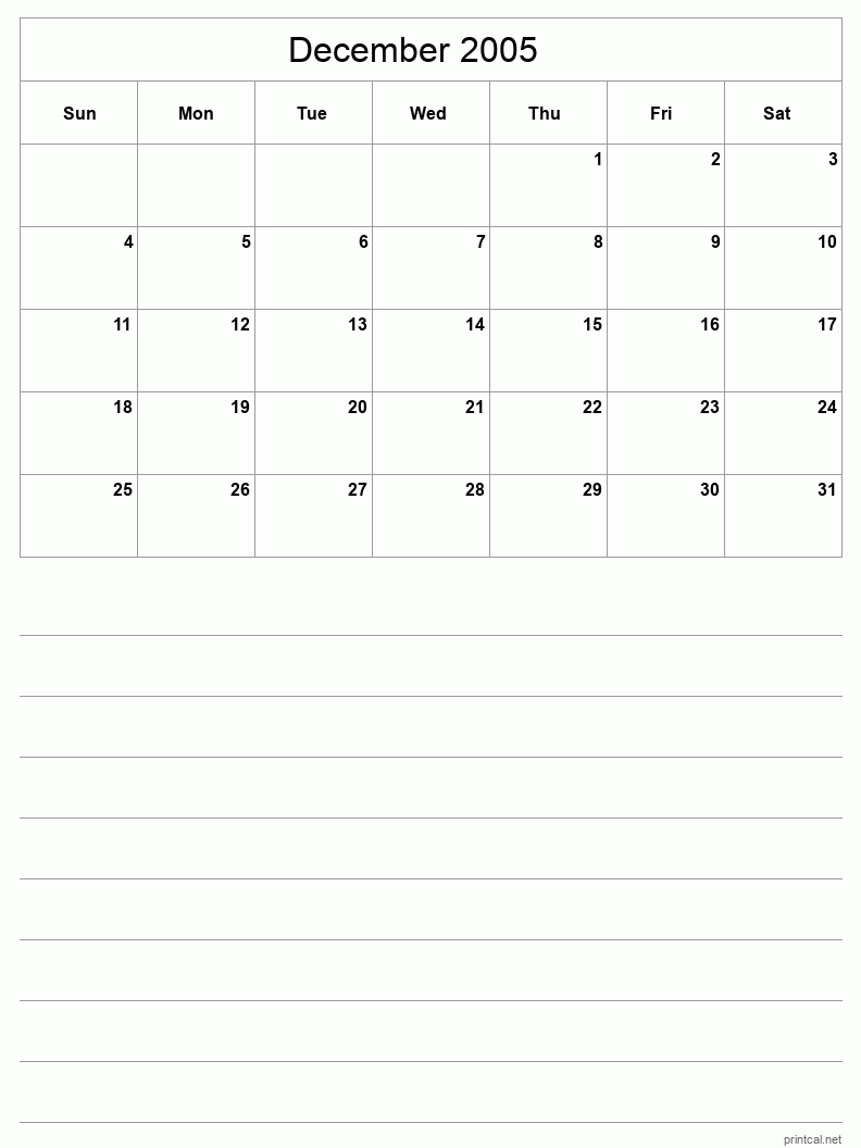 December 2005 Printable Calendar - Half-Page With Notesheet