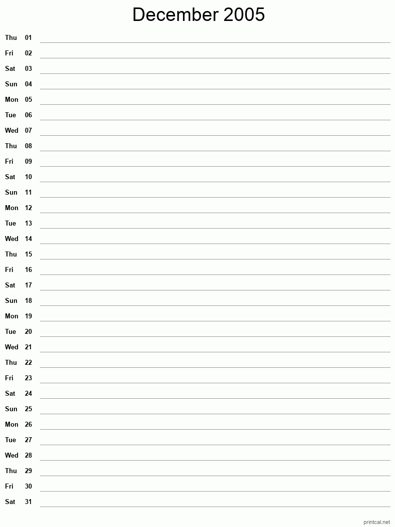 December 2005 Printable Calendar - Single Column Notesheet