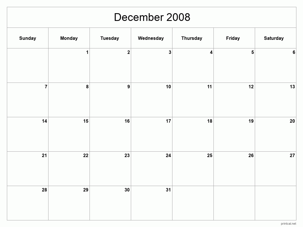 December 2008 Printable Calendar - Classic Blank Sheet