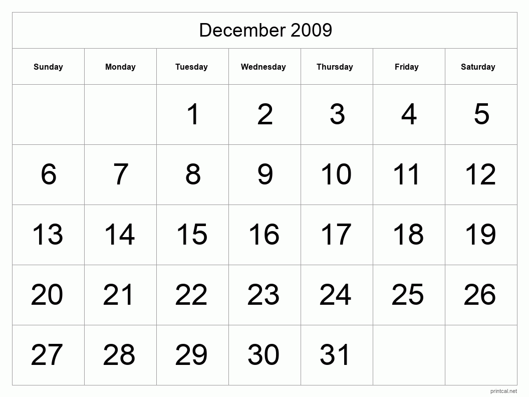 December 2009 Printable Calendar - Big Dates