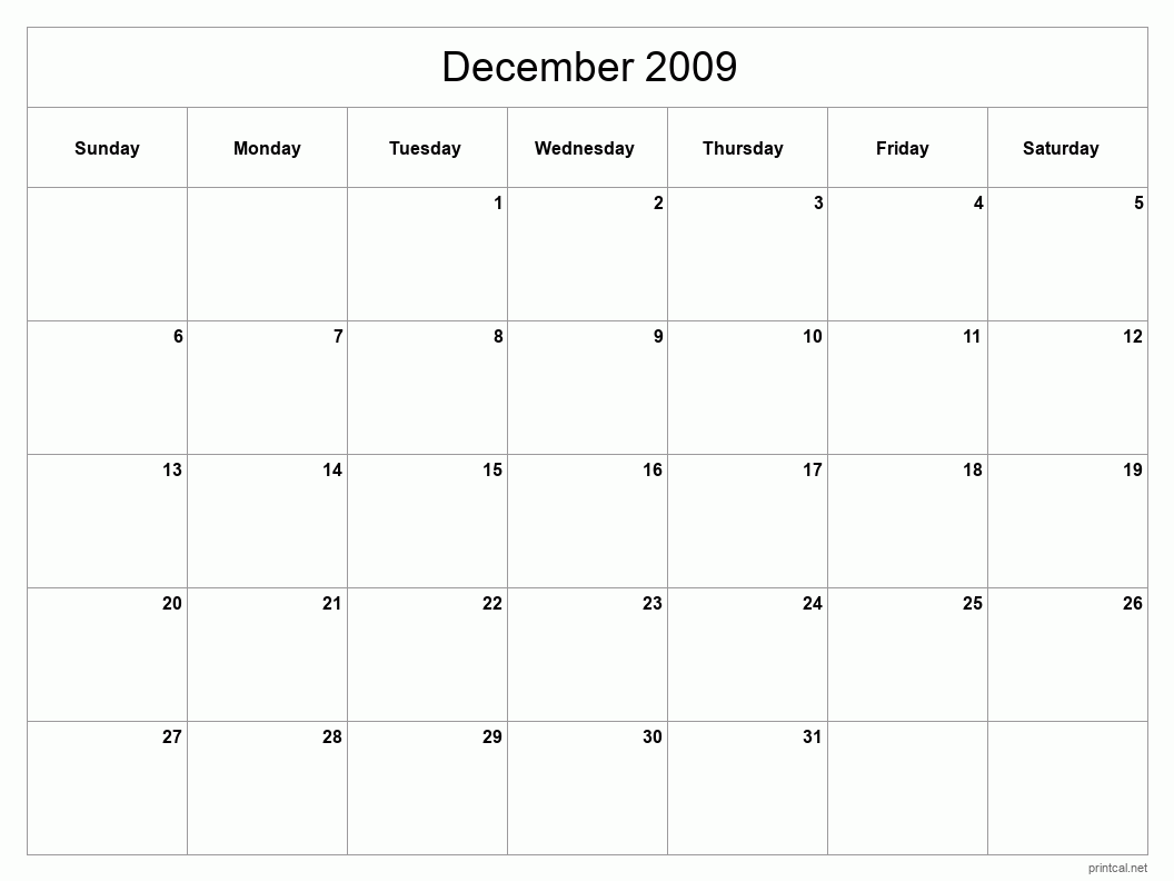 December 2009 Printable Calendar - Classic Blank Sheet