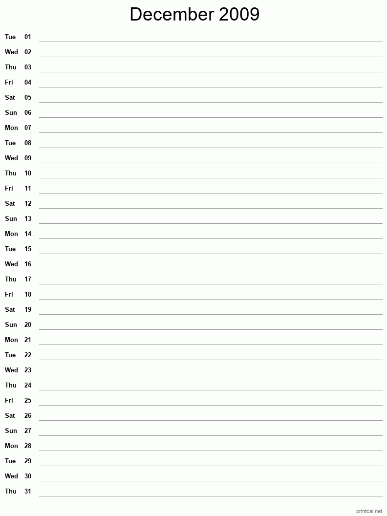 December 2009 Printable Calendar - Single Column Notesheet