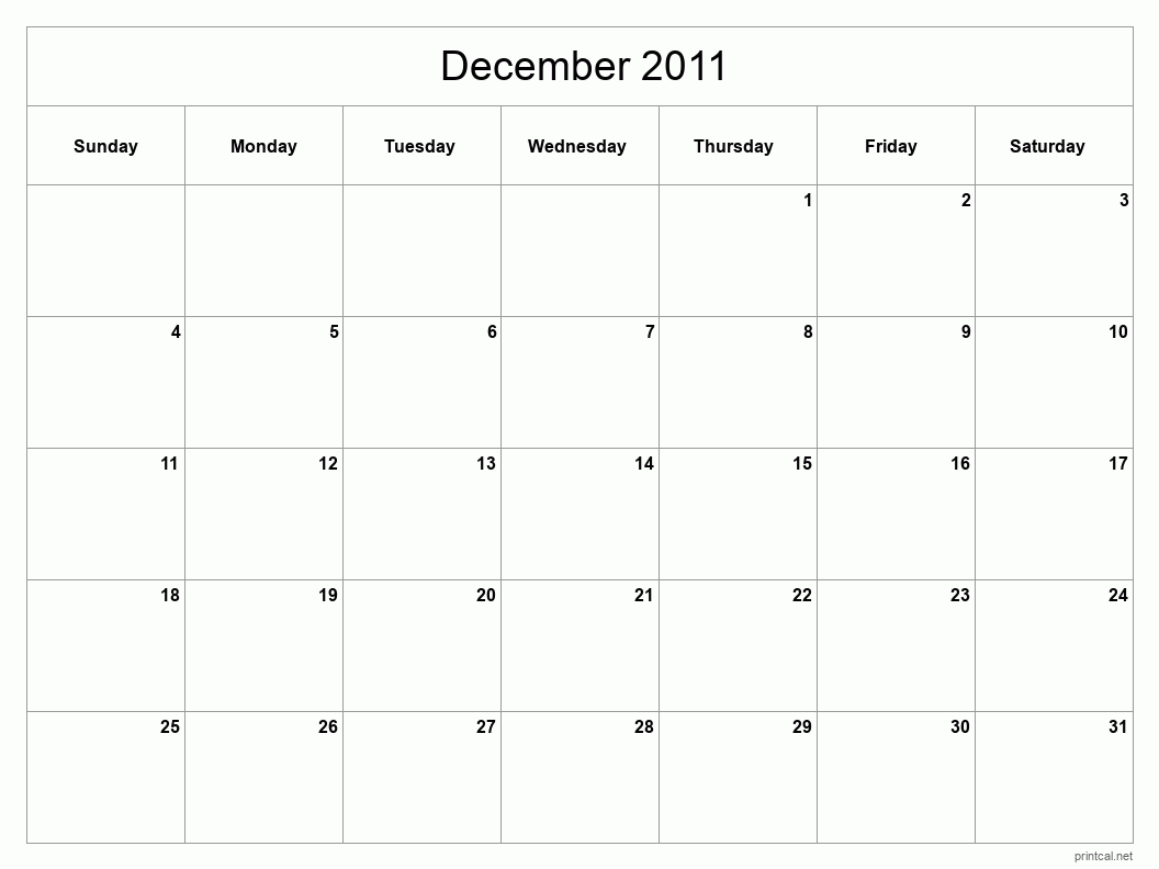 December 2011 Printable Calendar - Classic Blank Sheet