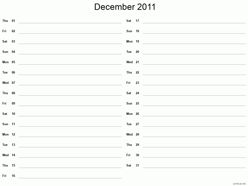 December 2011 Printable Calendar - Two Column Notesheet