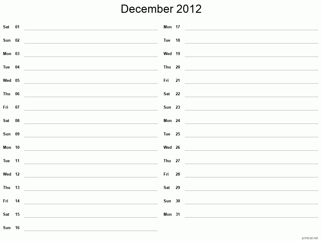 December 2012 Printable Calendar - Two Column Notesheet