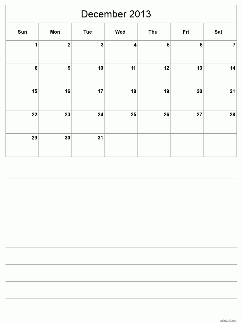 December 2013 Printable Calendar - Half-Page With Notesheet