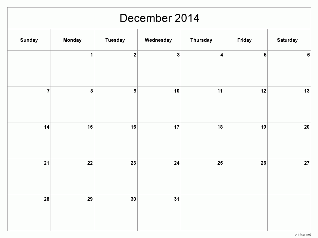 December 2014 Printable Calendar - Classic Blank Sheet