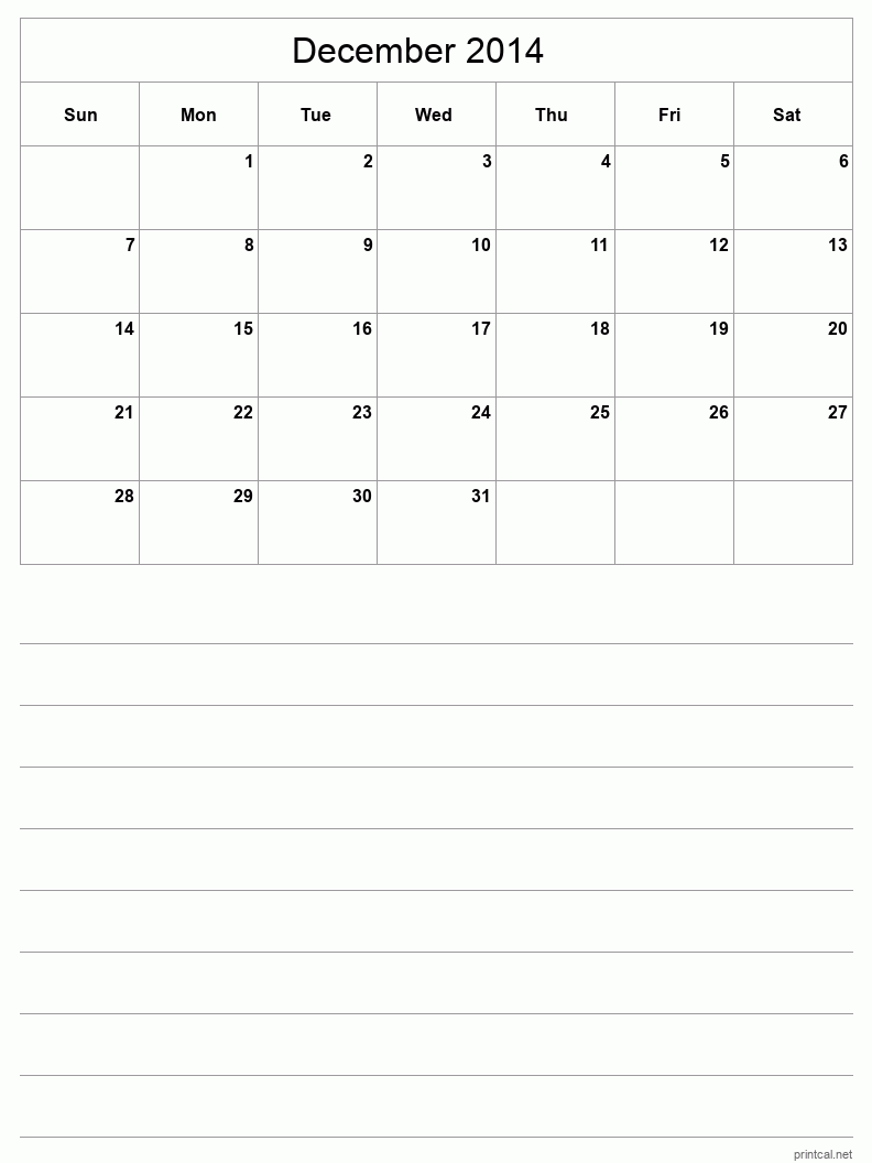 December 2014 Printable Calendar - Half-Page With Notesheet