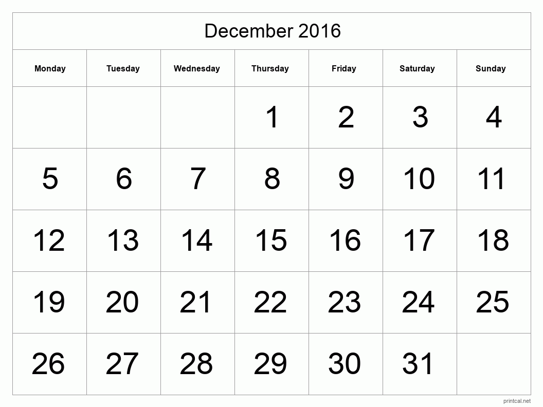 December 2016 Printable Calendar - Big Dates