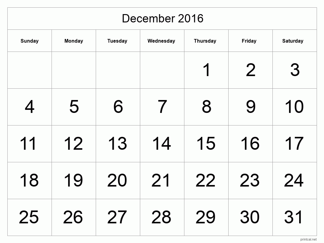 December 2016 Printable Calendar - Big Dates