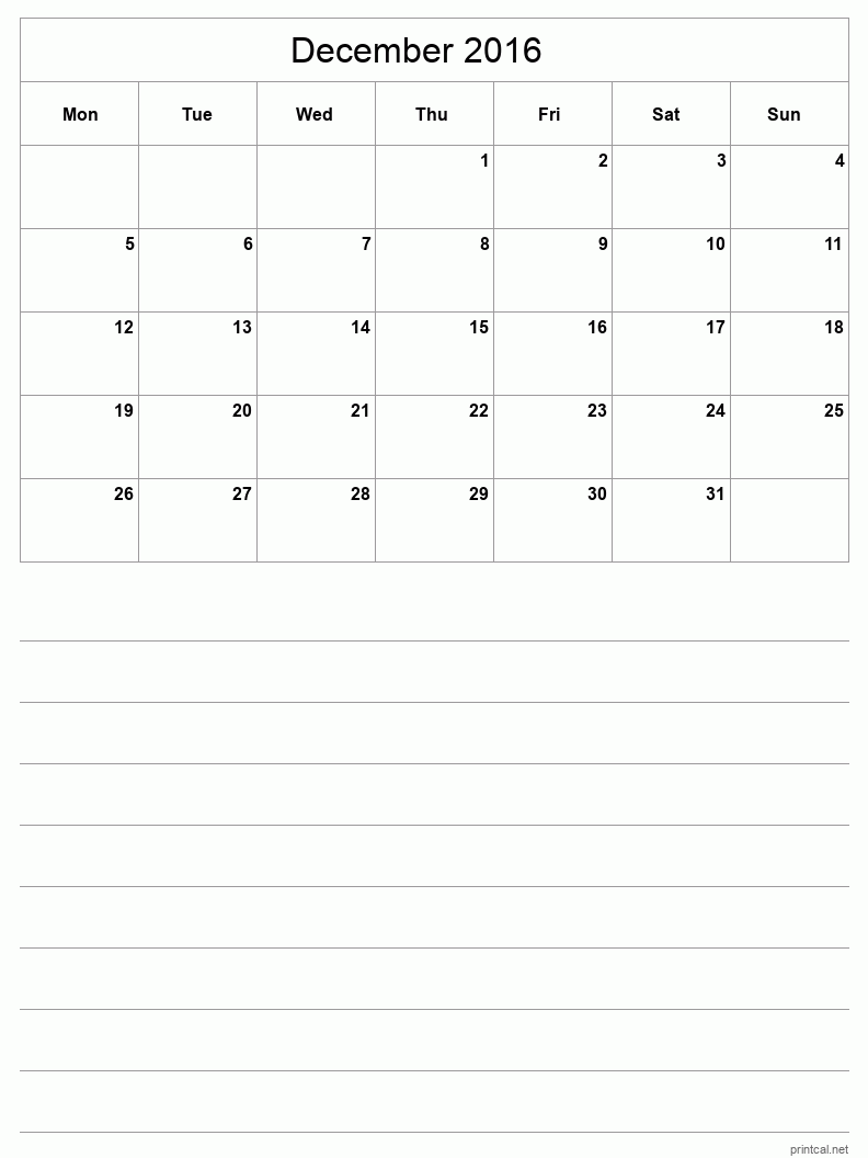 December 2016 Printable Calendar - Half-Page With Notesheet