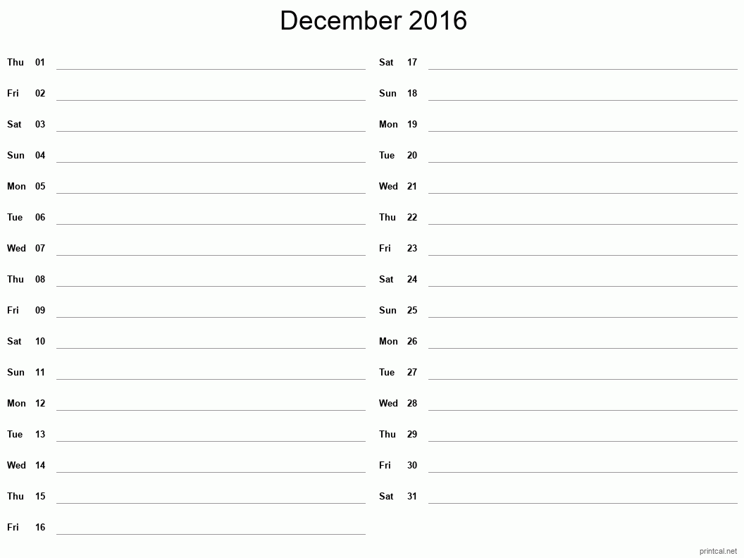December 2016 Printable Calendar - Two Column Notesheet