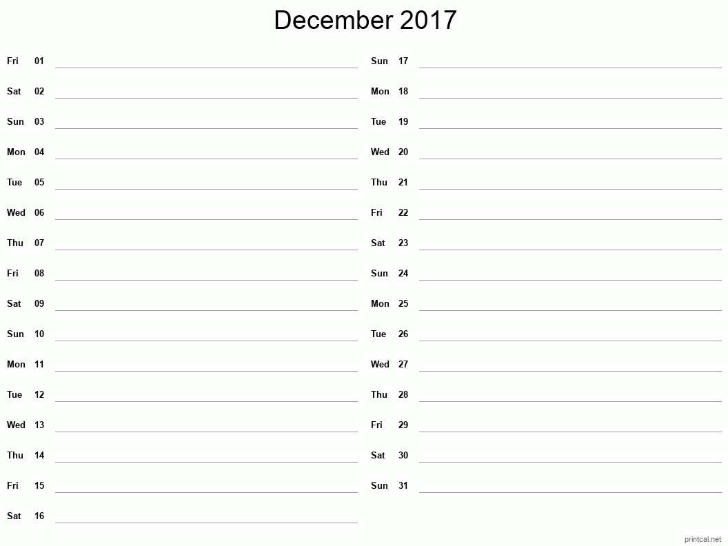 December 2017 Printable Calendar - Two Column Notesheet