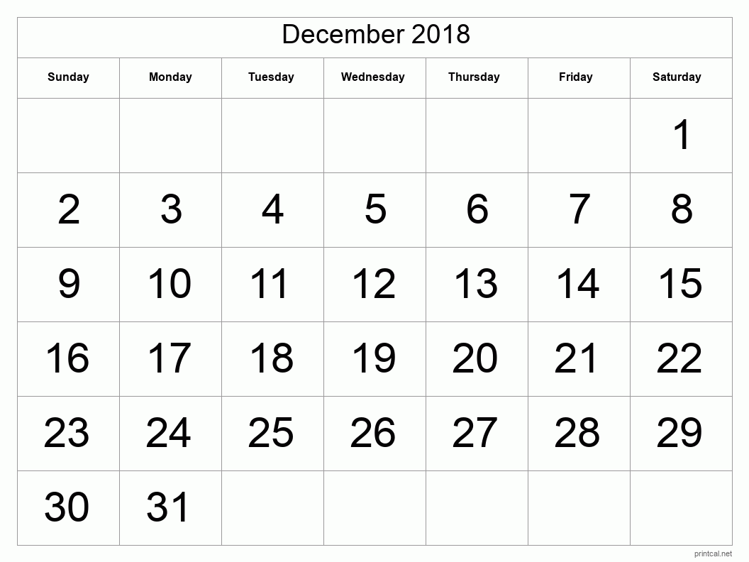 December 2018 Printable Calendar - Big Dates