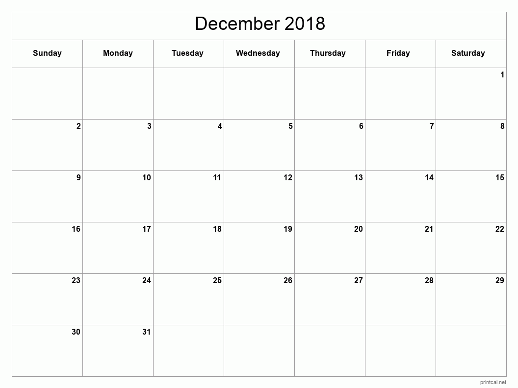 December 2018 Printable Calendar - Classic Blank Sheet
