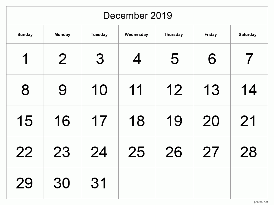 December 2019 Printable Calendar - Big Dates