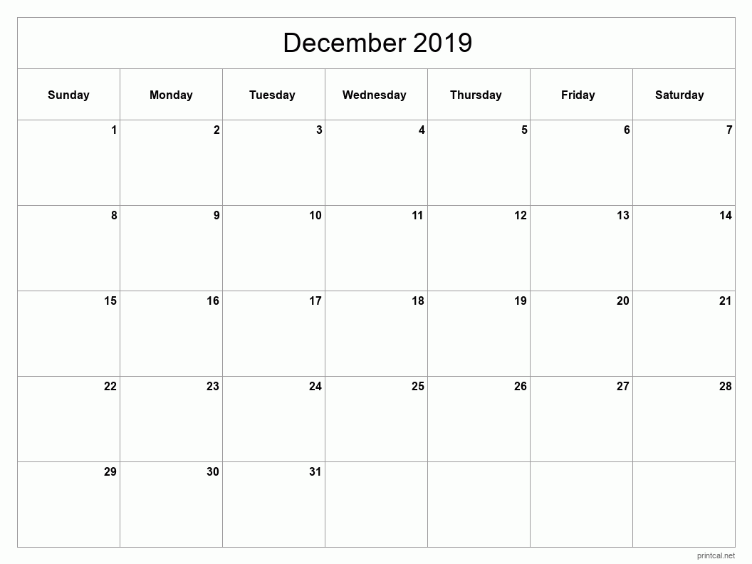 December 2019 Printable Calendar - Classic Blank Sheet