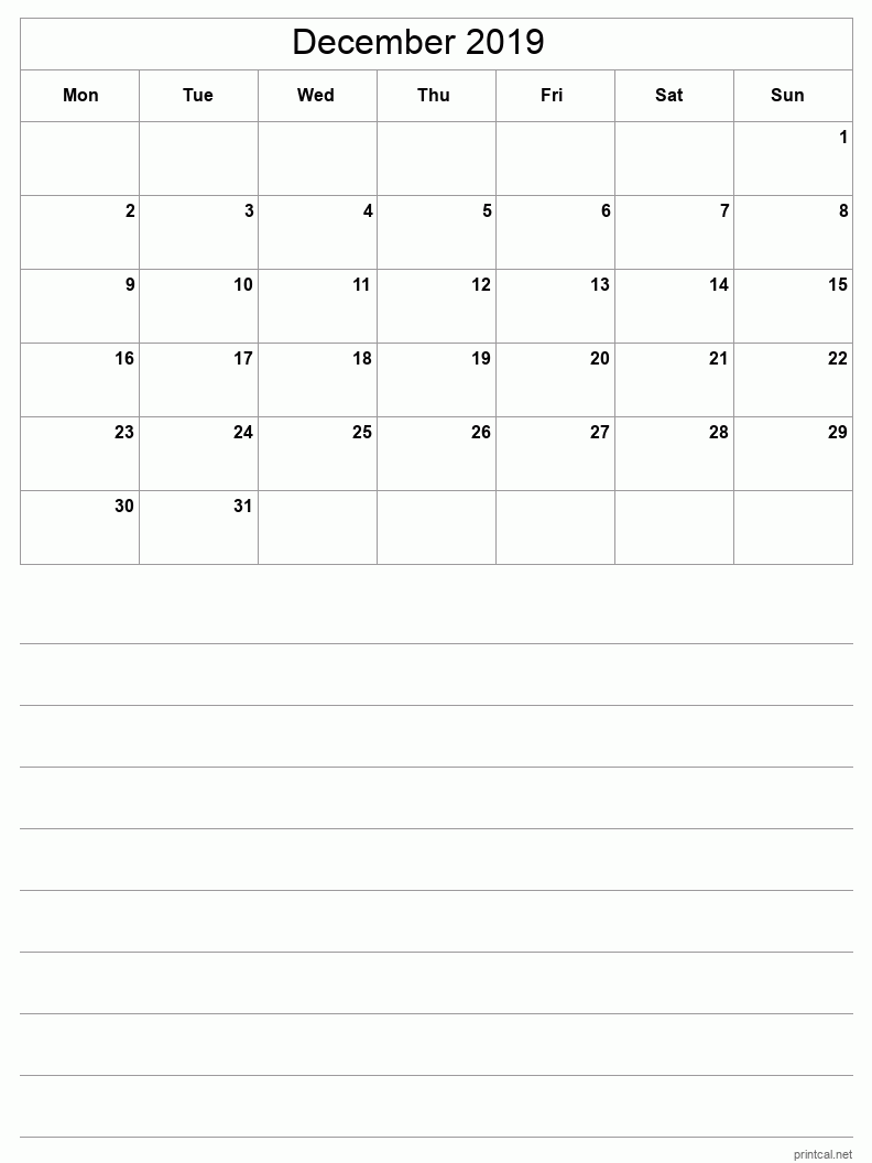 December 2019 Printable Calendar - Half-Page With Notesheet
