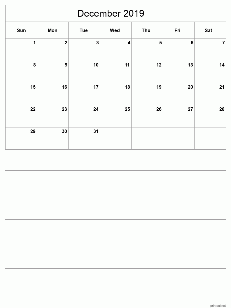 December 2019 Printable Calendar - Half-Page With Notesheet