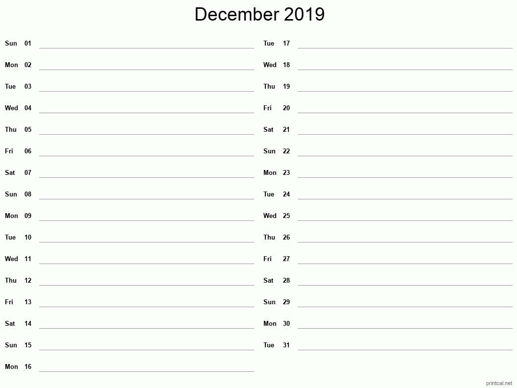December 2019 Printable Calendar - Two Column Notesheet