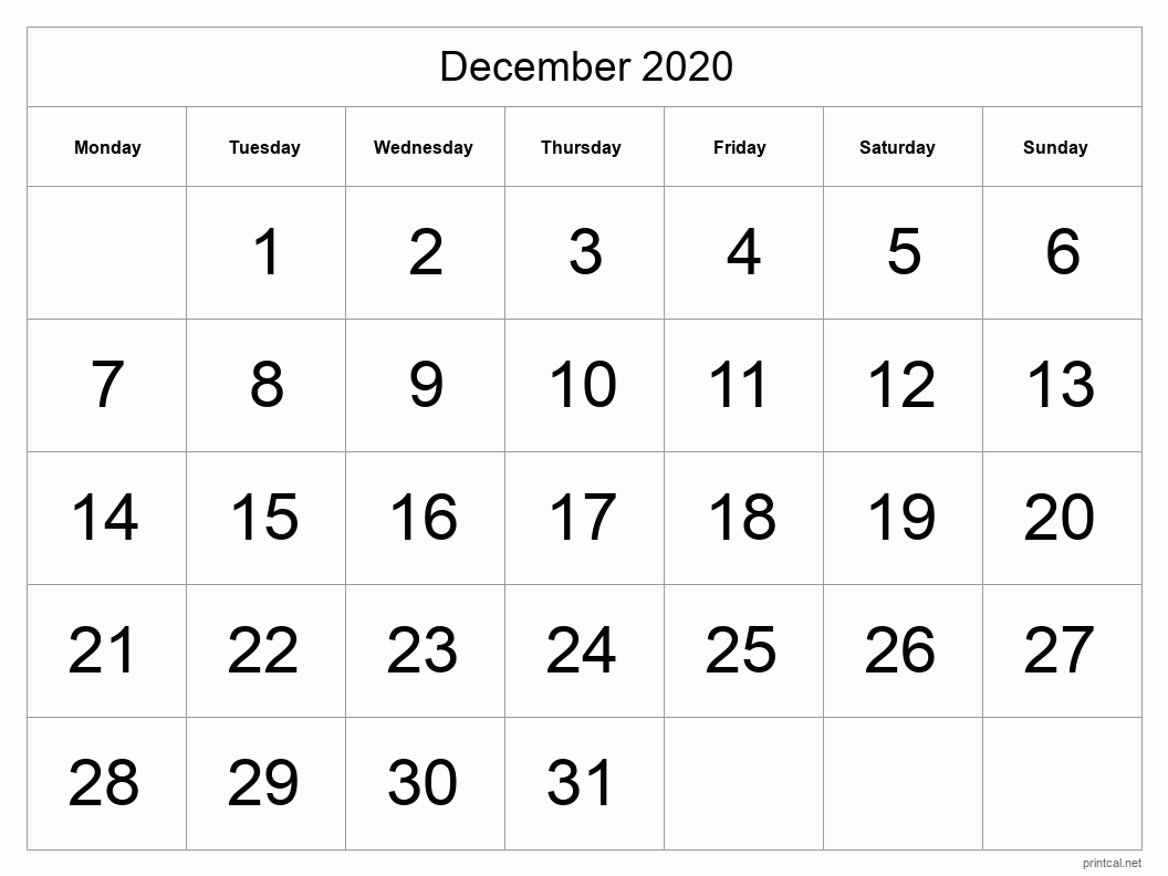 December 2020 Printable Calendar - Big Dates