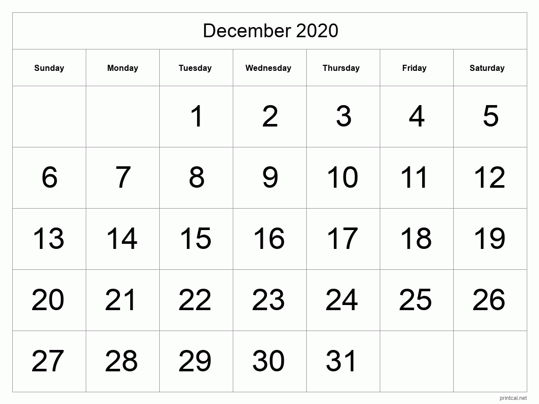 December 2020 Printable Calendar - Big Dates