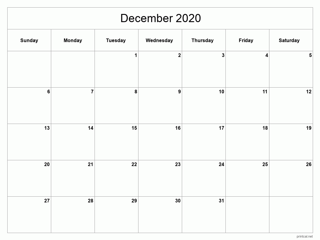 December 2020 Printable Calendar - Classic Blank Sheet