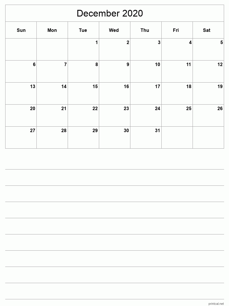 December 2020 Printable Calendar - Half-Page With Notesheet