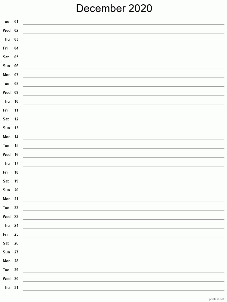 December 2020 Printable Calendar - Single Column Notesheet