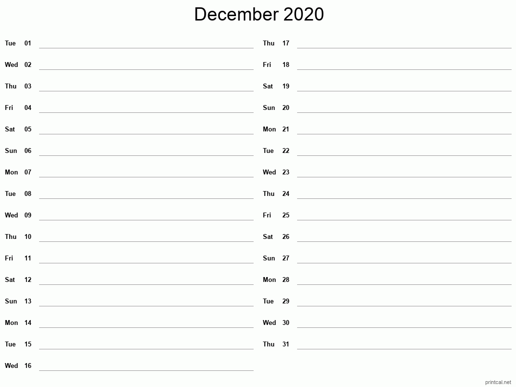 December 2020 Printable Calendar - Two Column Notesheet