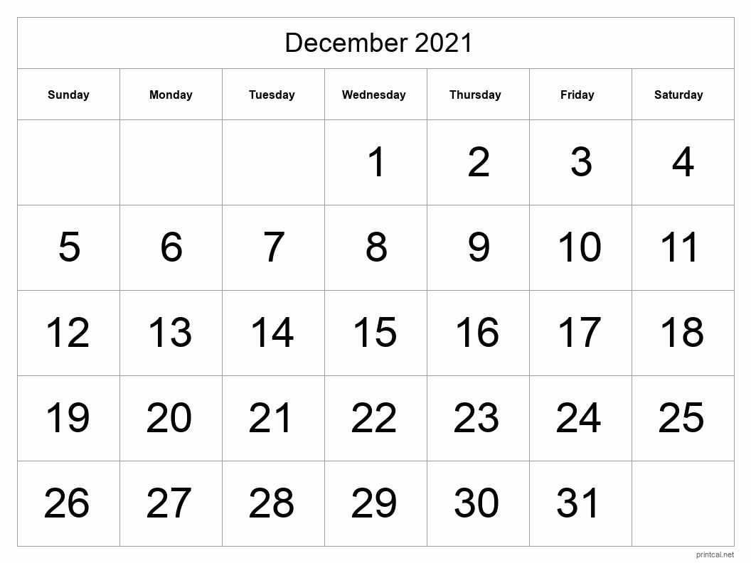 December 2021 Printable Calendar - Big Dates