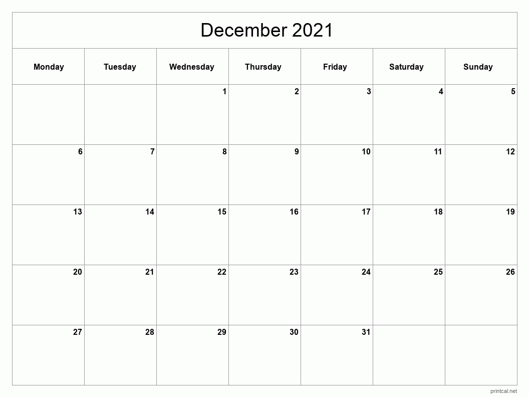 December 2021 Printable Calendar - Classic Blank Sheet