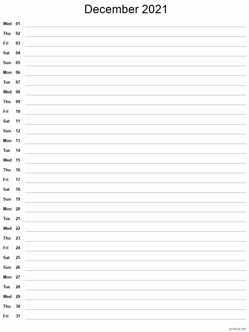 December 2021 Printable Calendar - Single Column Notesheet