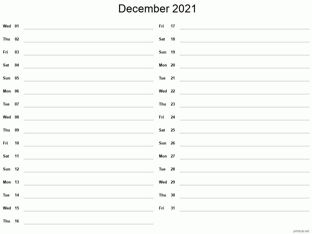 December 2021 Printable Calendar - Two Column Notesheet