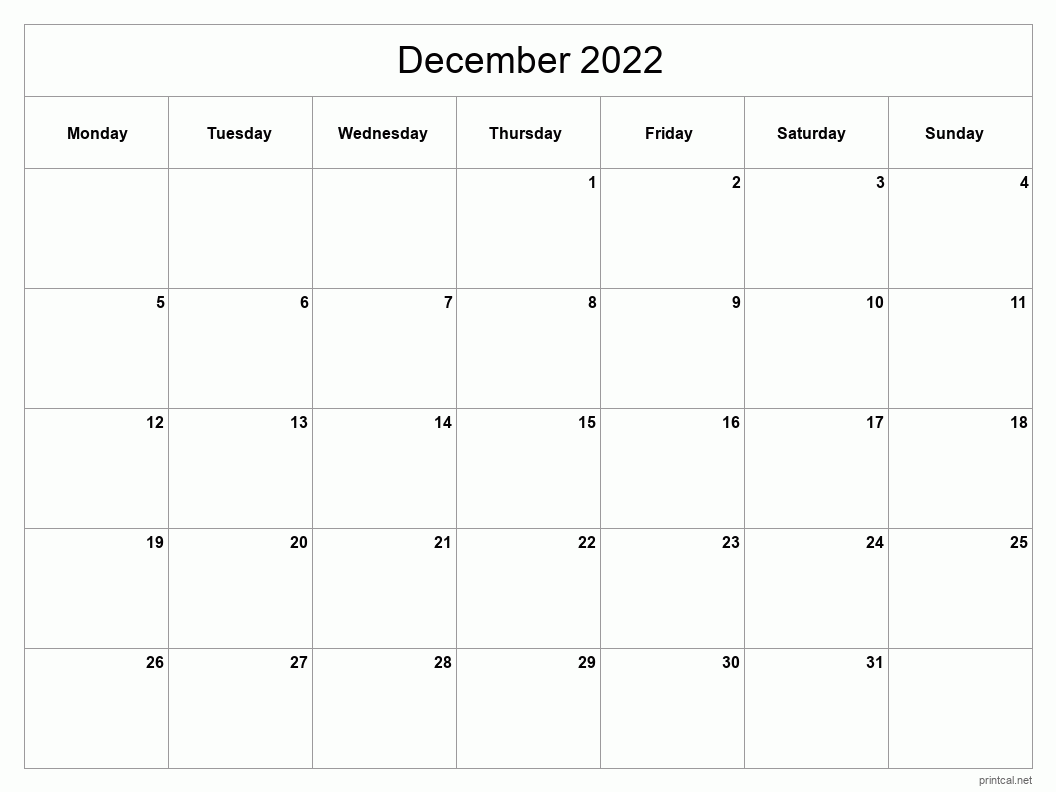 December 2022 Printable Calendar - Classic Blank Sheet