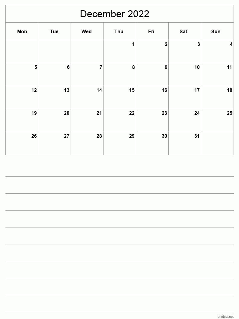 December 2022 Printable Calendar - Half-Page With Notesheet