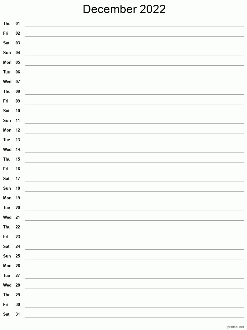 December 2022 Printable Calendar - Single Column Notesheet