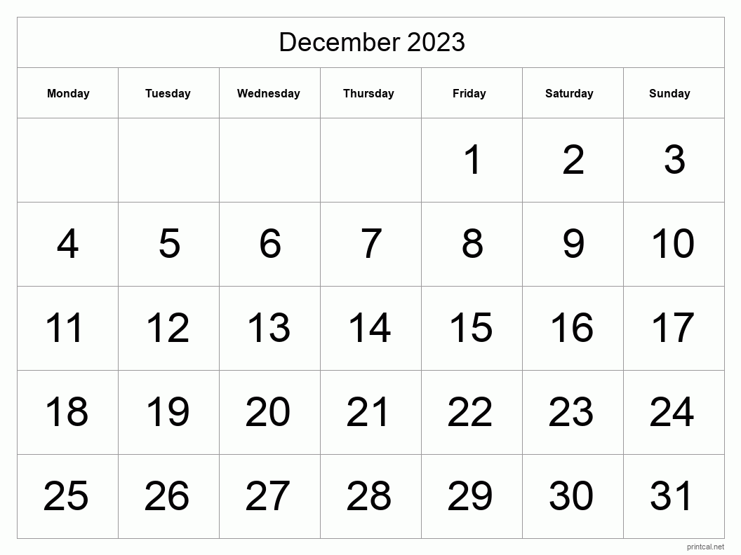 December 2023 Printable Calendar - Big Dates