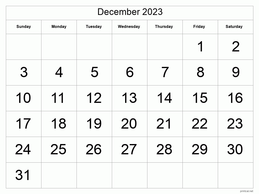 December 2023 Printable Calendar - Big Dates