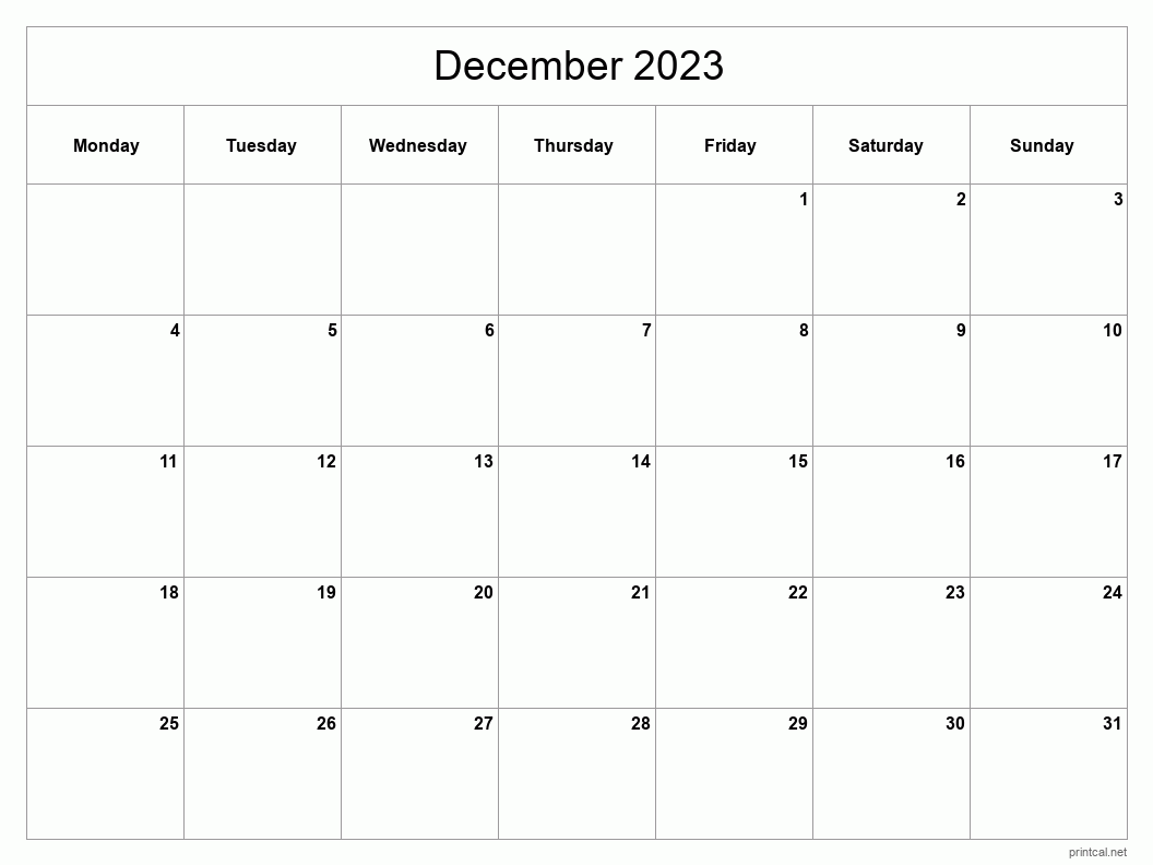 December 2023 Printable Calendar - Classic Blank Sheet