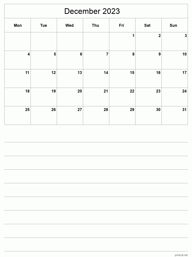 December 2023 Printable Calendar - Half-Page With Notesheet