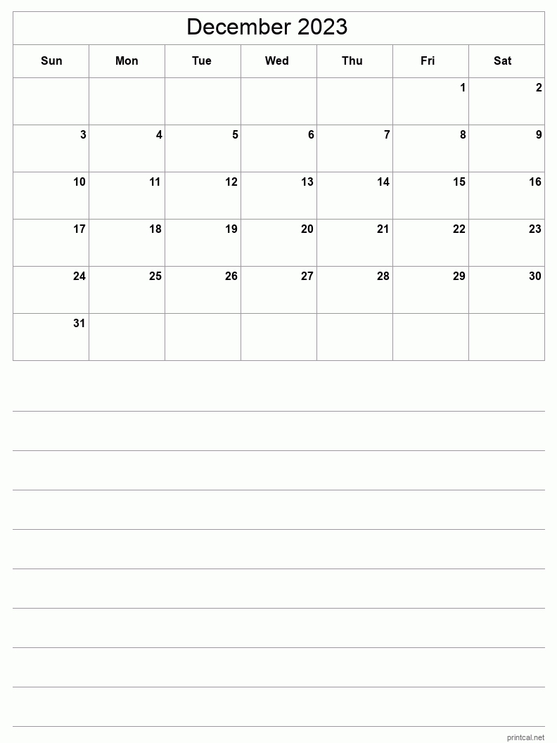 December 2023 Printable Calendar - Half-Page With Notesheet