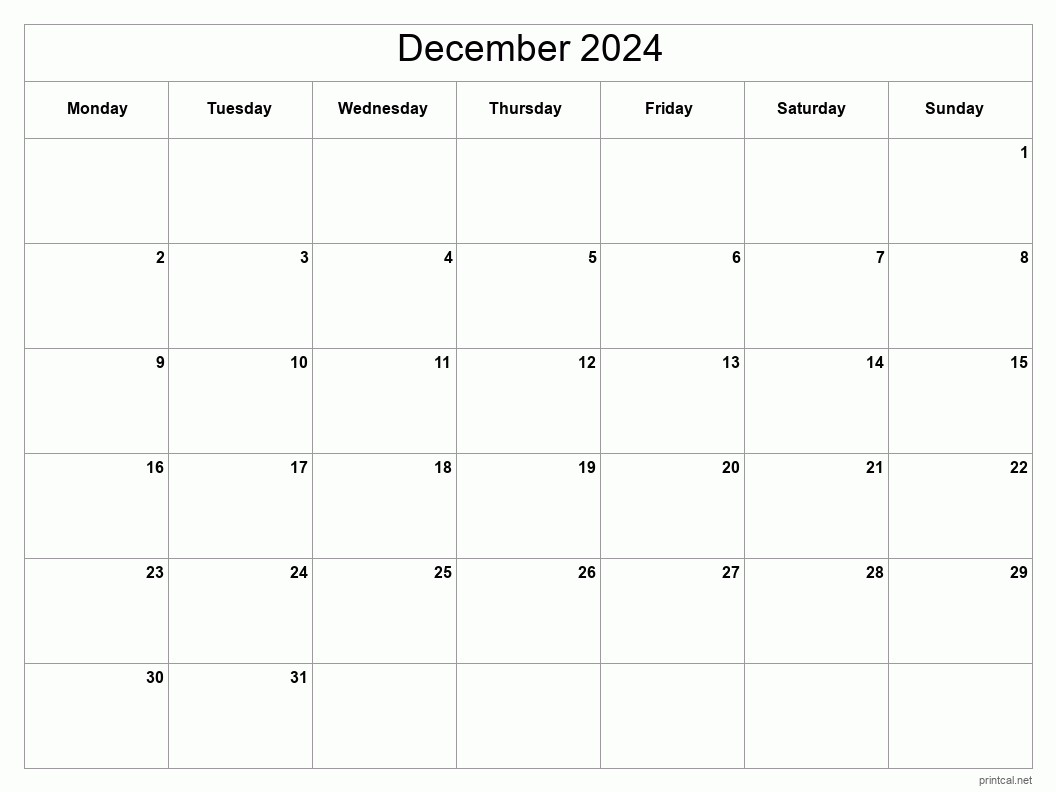 December 2024 Printable Calendar - Classic Blank Sheet