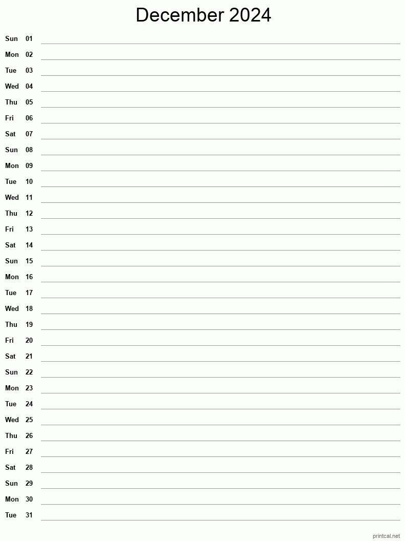 December 2024 Printable Calendar - Single Column Notesheet