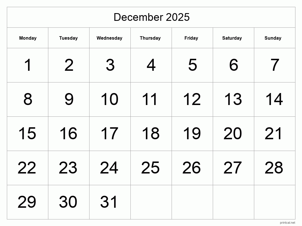 December 2025 Printable Calendar - Big Dates